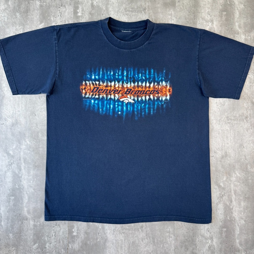 Vintage Denver Broncos T-Shirt Mens 2XL Navy Tie Dye NFL Football Faded 2003